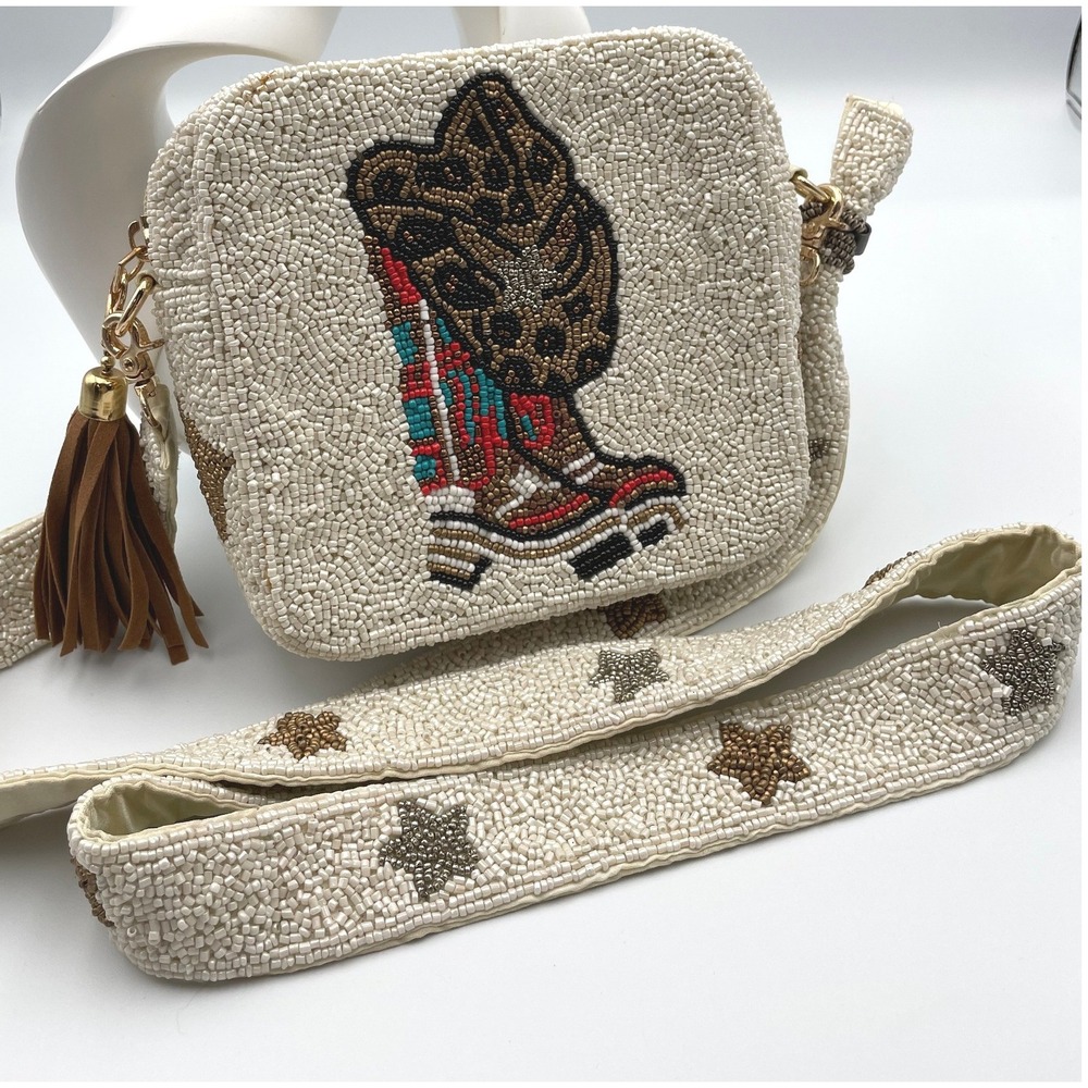Hand Beaded Cowboy Boots Crossbody Bag Western Cowgirl Seed Bead Purse